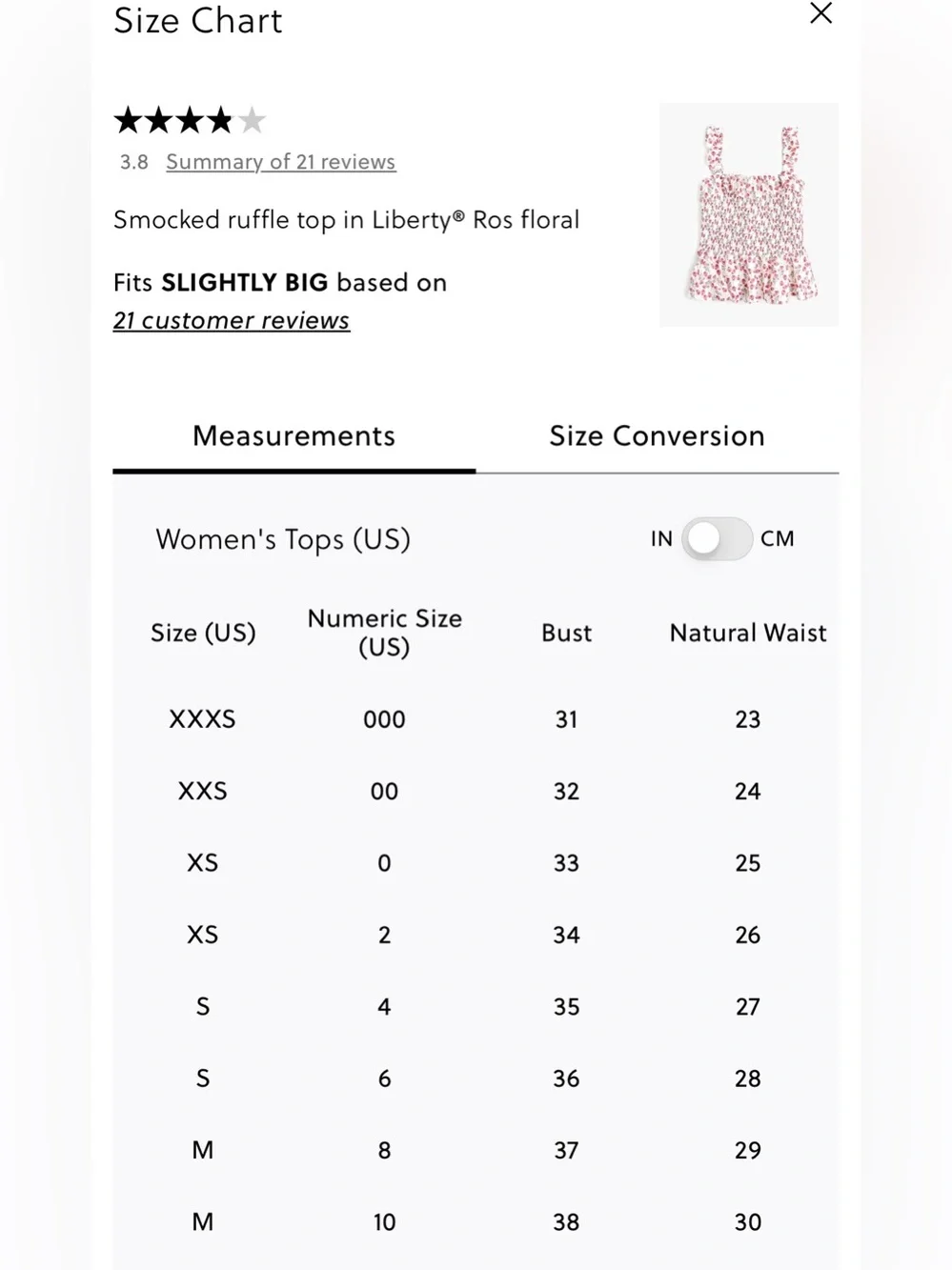 J. CREW x Liberty Rose Floral Fabric Smocked Ruffle Tank Top Women's Size M